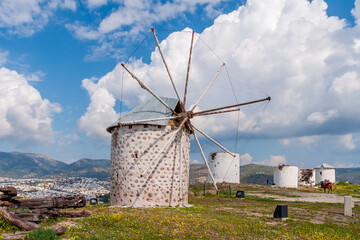 Aegean style old windmills in Bodrum Town of Turkey