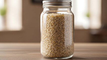 Jar of Rice on Wooden Table