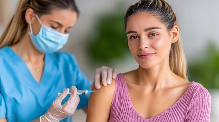 A nurse administering a vaccine to a patient in a healthcare setting with focus on medical procedure