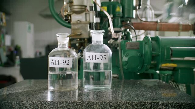 Glass bottles show fuel labels AI-92 AI-95 AI-98 on bench. Gloved hand picks sample bottle starting octane comparison test in laboratory