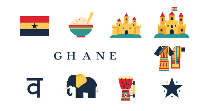 Ghanaian cultural symbols and landmarks in a flat design illustration