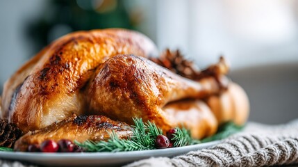 A beautifully roasted turkey garnished with cranberries and pine branches on a festive dining table setting