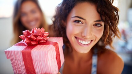 Smiling woman holding a beautifully wrapped gift with a red bow, celebrating a joyful occasion