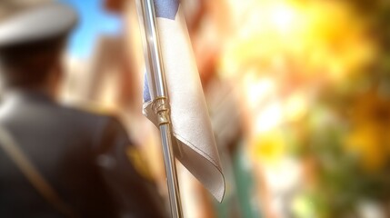 Back view of a uniformed officer standing near a flag with bright autumn colors in the background