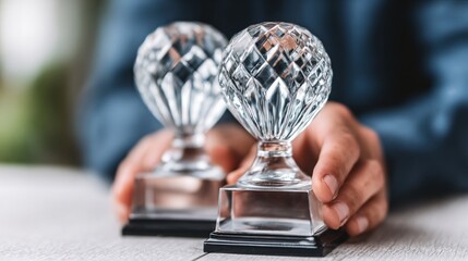 Person holding two crystal globe trophies on a wooden table in a close-up view