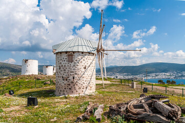 Aegean style old windmills in Bodrum Town of Turkey