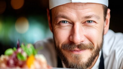 Smiling Chef Presenting a Colorful Gourmet Dish with Blurred Background in a Professional Kitchen