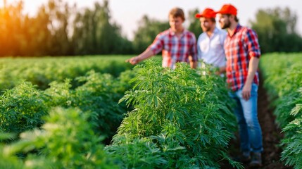 Farmers inspecting cannabis plants in a lush green field during sunset with a blurred background