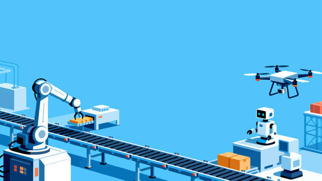 Automated factory with robots and conveyor