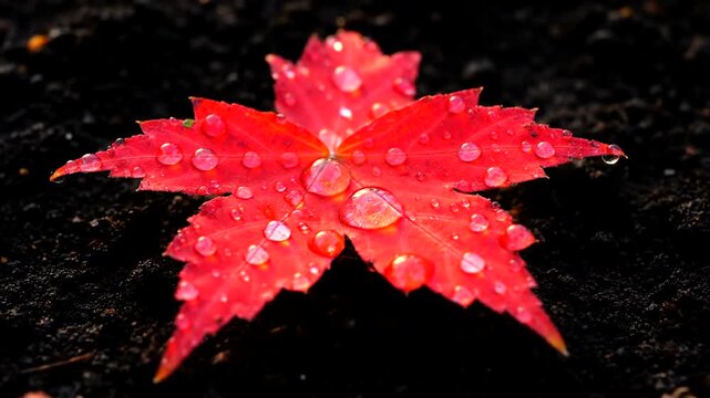 Red Maple Leaf with Water Droplets on Black Background.