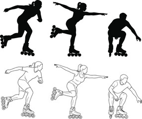 Fototapeta premium Rollerblading silhouettes and detailed outline vector illustration, active skating poses, fitness lifestyle, urban sport design, dynamic movement, exercise activity, healthy recreation artwork