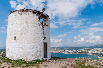 Aegean style old windmills in Bodrum Town of Turkey