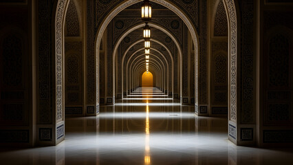 Obraz premium Ornate Islamic Archway Corridor with Illuminating Lanterns