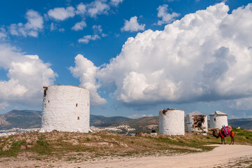 Aegean style old windmills in Bodrum Town of Turkey