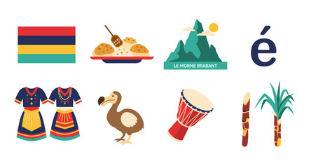Mauritius cultural symbols and landmarks collection flat design icons © Esther_Design