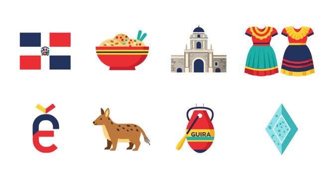 Dominican Republic cultural symbols and landmarks in a flat design illustration