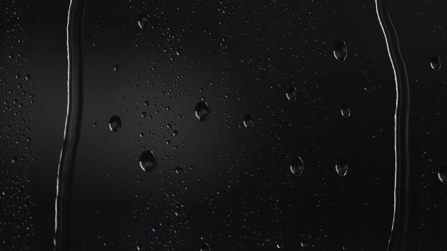 Wet glass in front of a black background as lightning flashes reveal heavy rain, sleet, or blizzard, with strong camera shake like during a tornado or earthquake, creating a dramatic disaster scene.