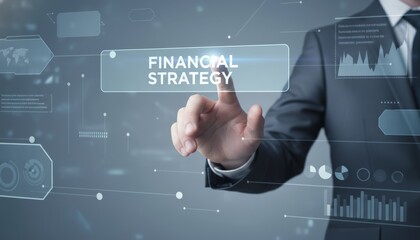 Businessman navigating a holographic interface, interacting with data visualizations and pressing a financial strategy button, representing modern business planning and digital financial solutions