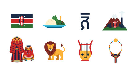 Collection of Kenyan cultural symbols and national emblems in flat design style