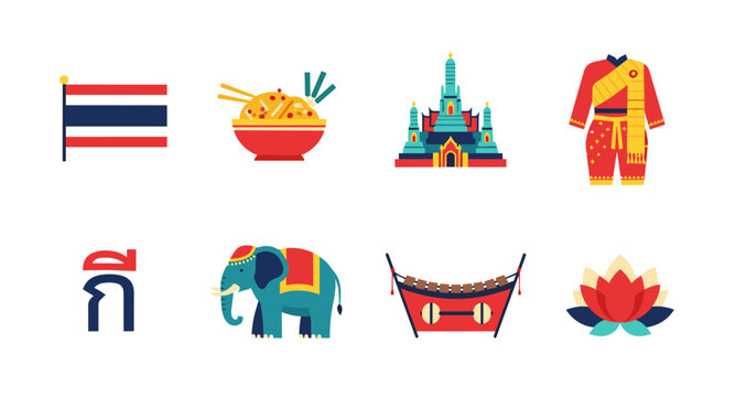 Collection of Thai cultural icons including flag, food, temple, and traditional clothing