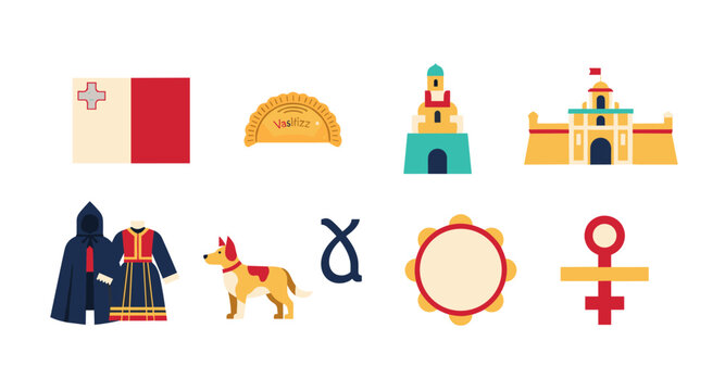 Malta national symbols and landmarks collection in flat design style