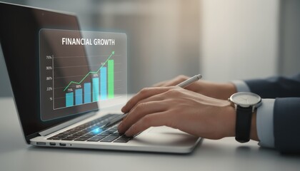 Businessperson hands typing on a laptop with a transparent digital overlay showing an upward stock chart and finance data, symbolizing investment analysis and business growth