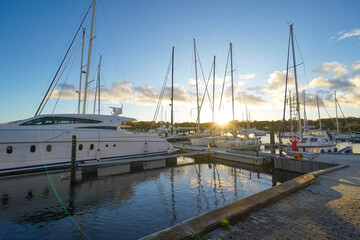 Fototapeta premium aarhus downtown canal pier city danmark theatre waterfront cityscape jacht harbor sailing ship blue sky