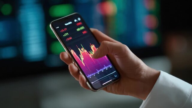 A close-up shot of a person using a smartphone to analyze stock market trends, showcasing vibrant graphical indicators and fluctuations on the display as financial data updates in real time.