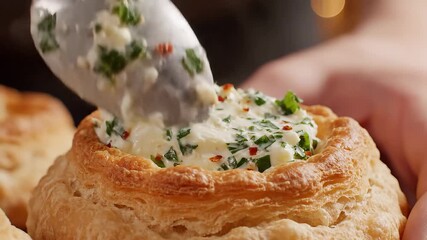 A closeup shot captures the meticulous process of filling a golden flaky puff pastry shell with a rich creamy and herbinfused savory mixture using a spoon showcasing the preparation of elegant appeti.