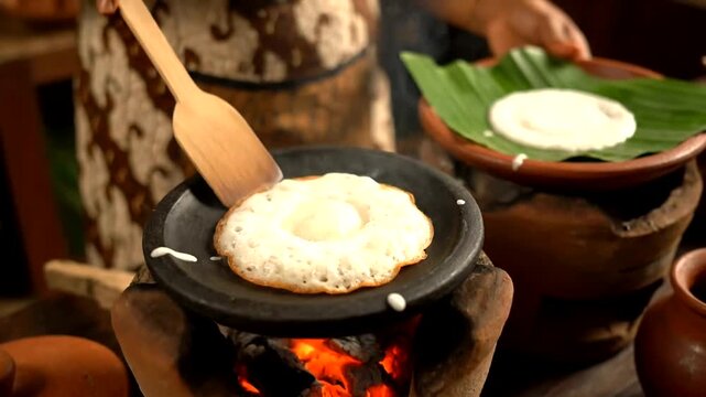 Serabi Cooking Process Traditional Indonesian Pancake on Stove.