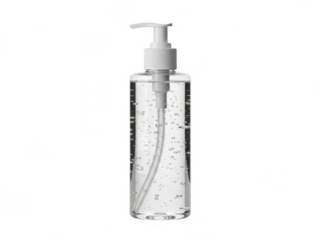 Clear hand sanitizer in transparent bottle with white pump