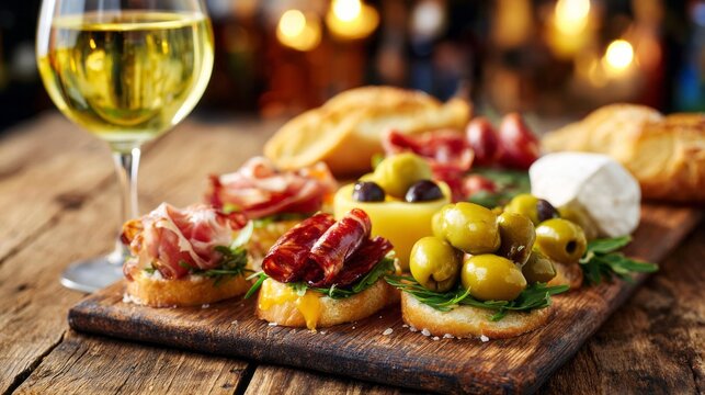 Elegant tapas platter featuring bruschetta, prosciutto, salami, olives, cheese, and white wine on a rustic wooden table