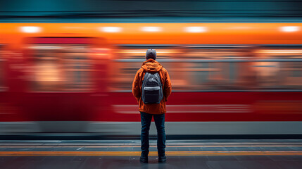 Man waits at the train station as a bright red train passes by during rush hour