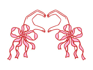 Hands forming heart shape with ribbon bows. Hand drawn outline vector illustration in red and pink colors. Love, celebration, and romantic gesture concept. Design for greeting card, invitation, poster