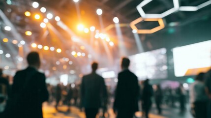 Fototapeta premium Business people attending a corporate event, blurred conference background with bright lights and a busy crowd networking