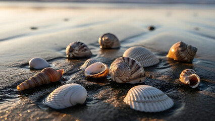 Sea Shells on Wet Sand at Sunset