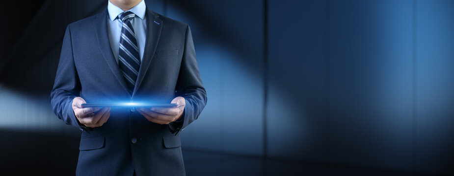 Businessman pressing button on virtual screen, Innovation and Digital Touch Interaction on Futuristic Technology Interface. - Powered by Adobe