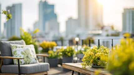 Naklejka premium Rooftop garden patio creating a relaxing urban oasis with city skyline view during a sunny afternoon