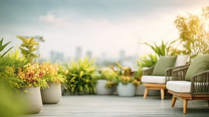 Naklejka premium Rooftop terrace urban garden with modern outdoor chairs and potted plants, creating a luxurious relaxing lifestyle space