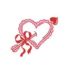 Heart with pink scalloped edges pierced by arrow with red ribbon bow. Outline vector illustration. Love, romance, and Valentine's Day concept. Design for greeting card, invitation, poster, banner.