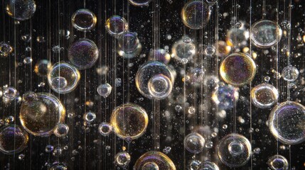 Bubbles rising through water with sparkling light reflections in an abstract scene
