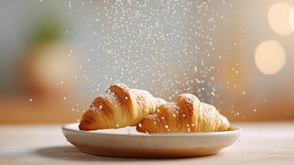 Flaky croissants suspended in air with sugar sprinkling on ceramic plate