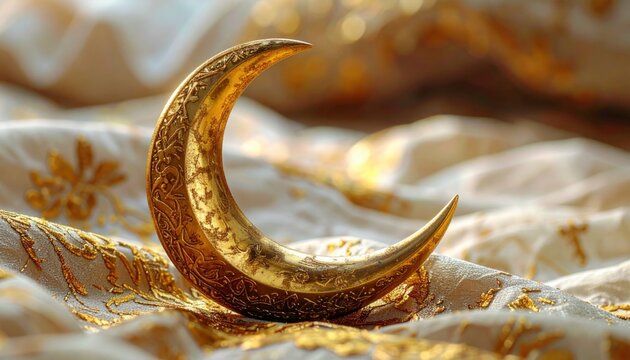 A golden crescent moon ornament rests on a textured, ornate fabric with floral patterns, symbolizing celestial beauty and luxury. - Powered by Adobe