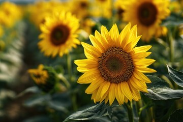 Fototapeta premium A field of bright yellow blooms basking in the sunshine, with rich green foliage
