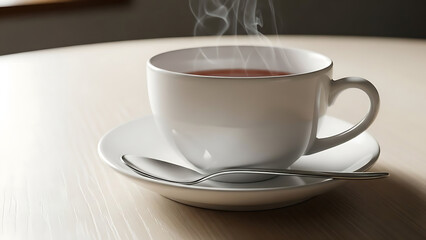 Cup of Tea Steam Rises on Wooden Table