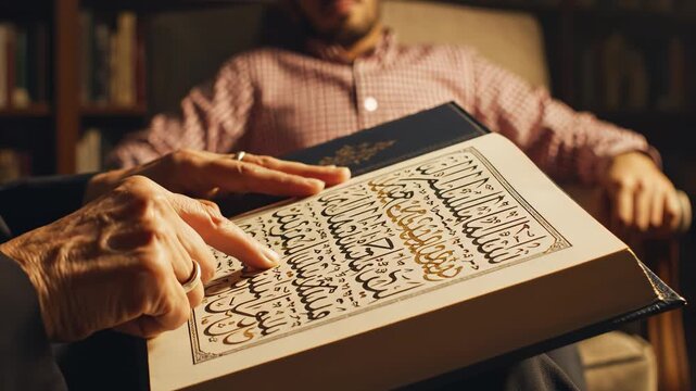 Hands reading a book with Arabic script