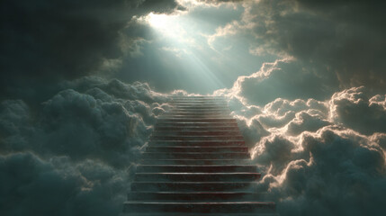 Mysterious stone staircase ascending through thick, glowing clouds toward a radiant, heavenly light breaking through the dark, dramatic sky above