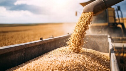 Grain pouring from combine harvester auger into a truck trailer, showing harvest in a dry wheat field under sunlight