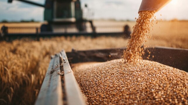 Wheat grains collecting in a truck trailer during harvest. A combine harvester is working in the field at sunset