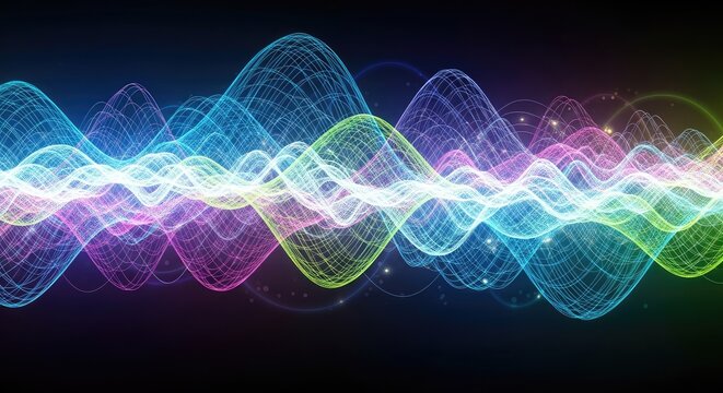 A vibrant and colorful digital waveform illustration with glowing neon lines on a dark background - Powered by Adobe